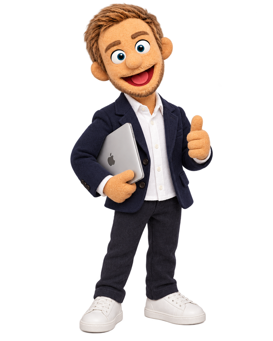 Oliver puppet holding a MacBook and giving a thumbs up